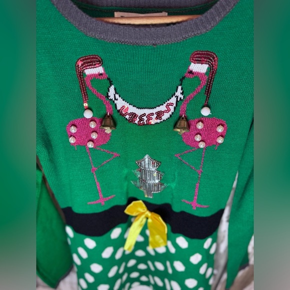 Tiara International Flamingo Cheers Christmas Dress size Medium NWT Bells - Picture 3 of 7